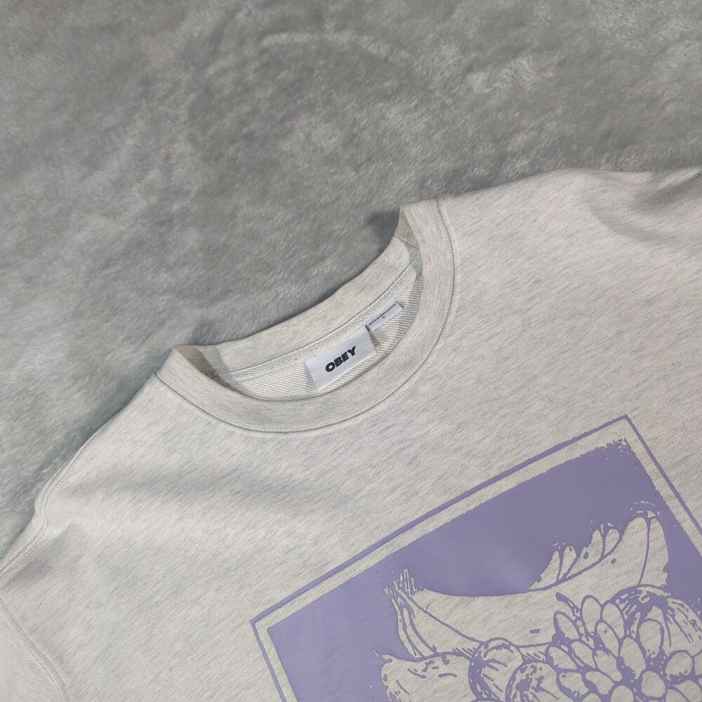OBEY Mens Large Fruit Basket Crewneck Sweatshirt Oatmeal Grey French Terry Skate